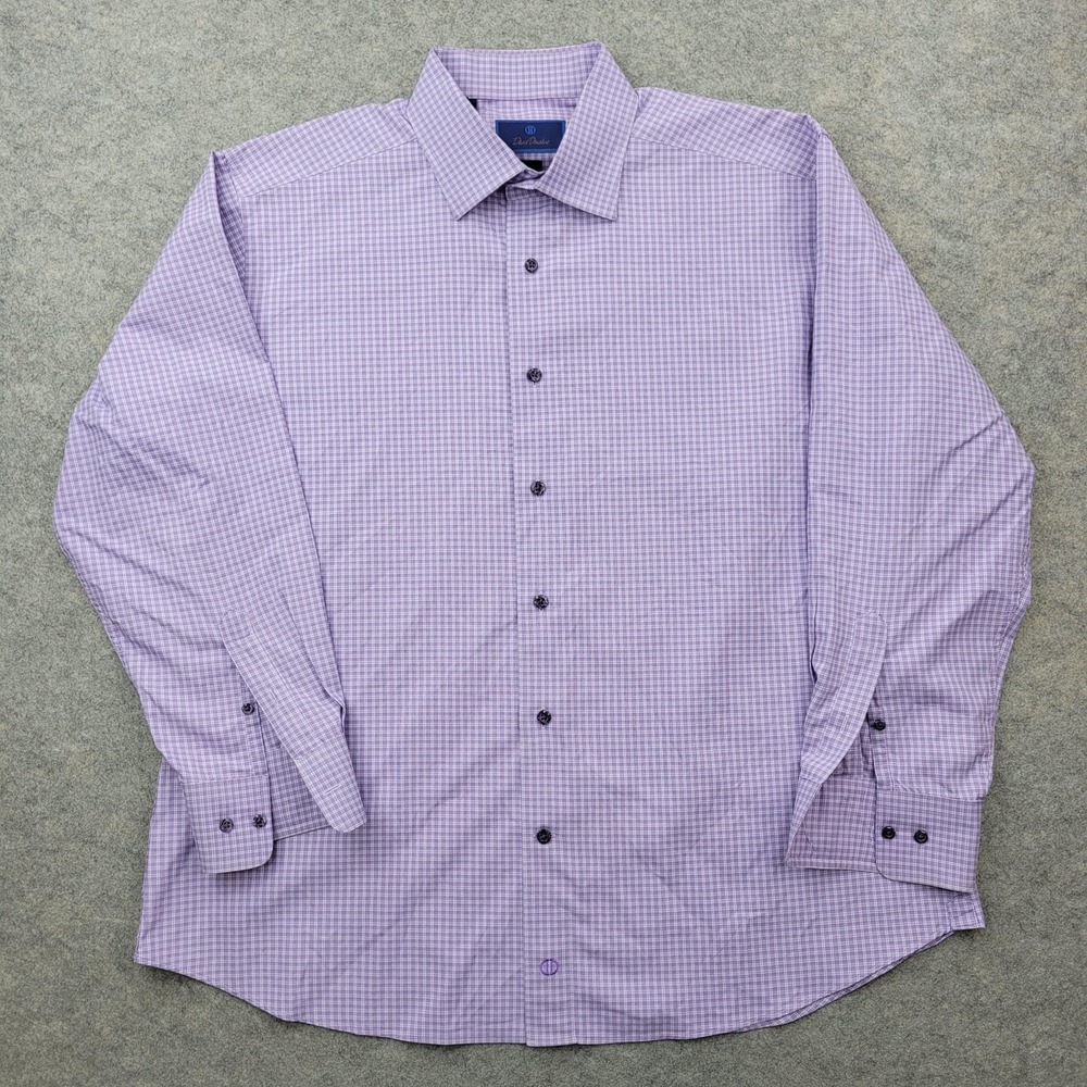 David Donahue Dress Shirt Mens 17.5 32/33 Purple Gingham Trim Fit Long Sleeve